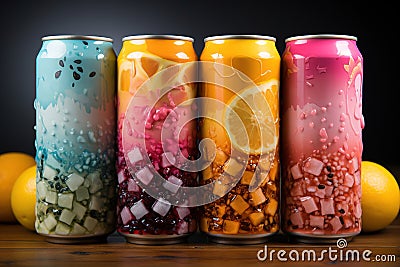 Row of soda cans. Carbonated drinks Stock Photo