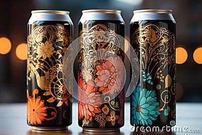 Row of soda cans. Carbonated drinks Stock Photo