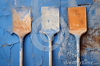 a row of spatulas on a blue wall Stock Photo