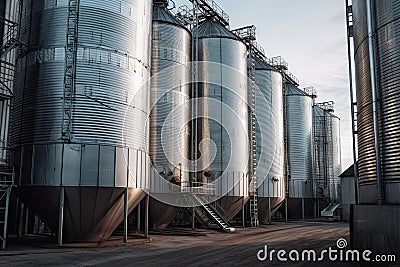 a row of stainless steel grain silos Stock Photo