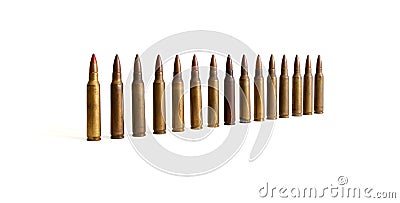Row of standing M16 cartridges isolated Stock Photo