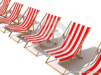 Row of striped red beach chairs on white Stock Photo