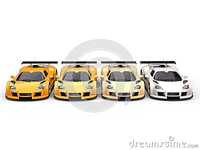 Row of supercars in warm shades - front view Stock Photo