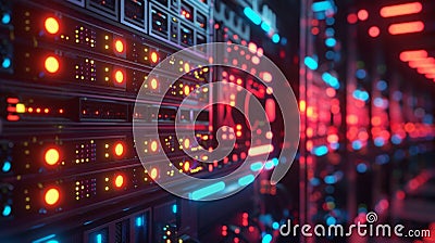 A row of supercomputers running simulations of quantum cryptography algorithms to test their efficiency and Stock Photo