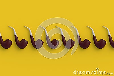 Row of tobacco pipes on yellow background Stock Photo