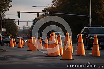 a row of traffic cones guiding drivers to a detour during roadwork Stock Photo