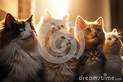 A row of trained therapy animals, like cats, providing comfort and support, highlighting their role in improving mental health. Stock Photo