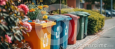 A row of trash cans are lined up on the sidewalk Stock Photo