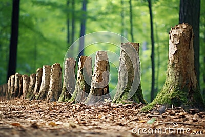 a row of tree trunks showing various stages of growth Stock Photo