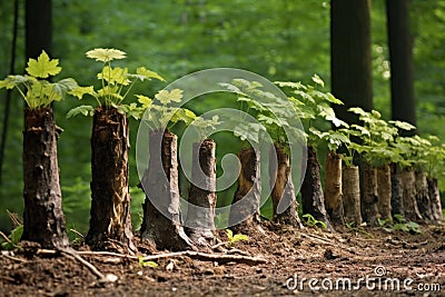 a row of tree trunks showing various stages of growth Stock Photo