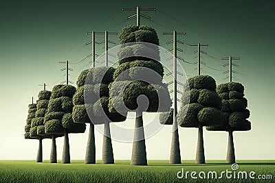 A row of trees in the form of high-voltage, created with Generative AI technology Stock Photo