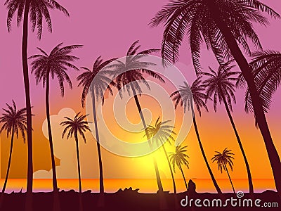 Row of tropic palm trees against sunset sky. Silhouette of tall palm trees. Tropic evening landscape. Gradient color. Vector illus Cartoon Illustration