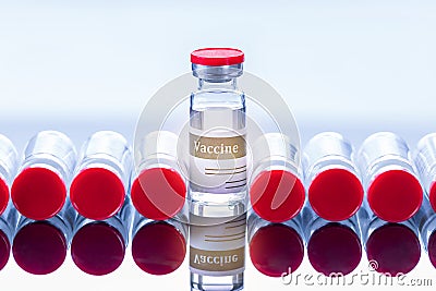 Row of vaccine bottles. Drug pharmacy production Stock Photo