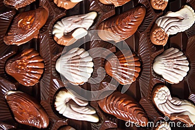 Row of variety chocolate pralines. Top view Stock Photo