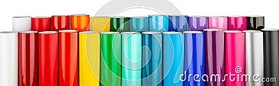 Row of various rainbow colored vinyl car wrapping or plotter cutting sticker plastic foil film rolls isolated white wide panorama Stock Photo