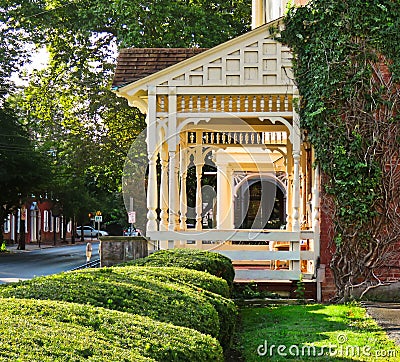 Row of Victorian style porches. Stock Photo