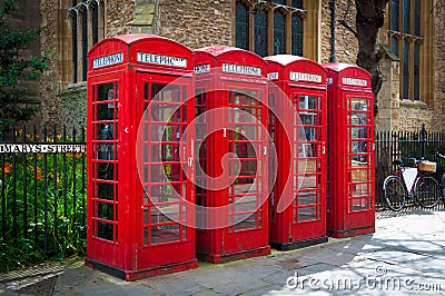 Row of vintage british red telephone boxes Editorial Stock Photo