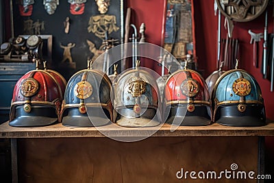 row of vintage firefighter helmets with emblems Stock Photo