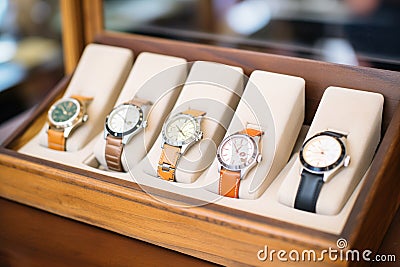 row of vintage watches on display in a wooden case Stock Photo