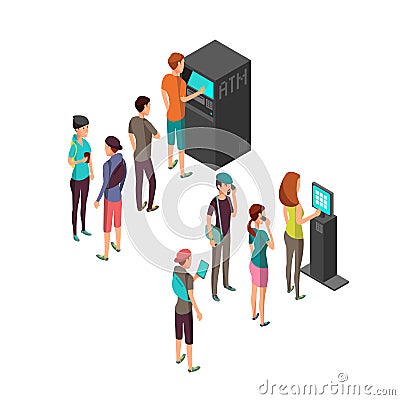 Row of waiting people at atm payment machine and terminal. 3d isometric banking and finance vector concept Vector Illustration