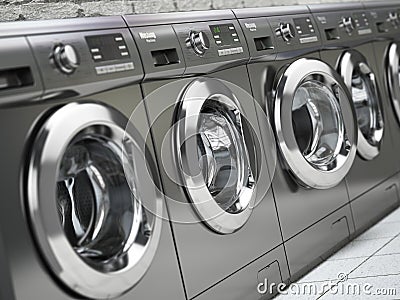 Row of washing machines in a public laundromat. Cartoon Illustration