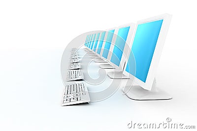row of white computers with b Stock Photo