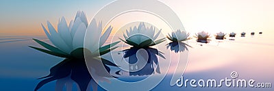 Closeup of lotus flowers in a calm sea at sunset Cartoon Illustration