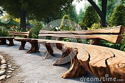 A line of wooden benches in a park or garden. AI Generated Stock Photo