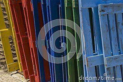 Colorful empty pallets in backyard of storage Stock Photo