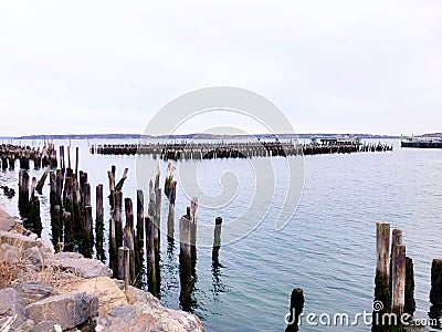 A row of wooden poles by the Portland waterfront Stock Photo