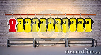 Row of Yellow and Red Football shirts Shirts 1-11 Stock Photo