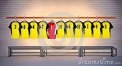 Row of Yellow and Red Football shirts Shirts 3-5 Stock Photo