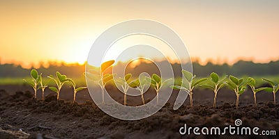 Row of Young Withania Plants Growing in a Field,Dicotyledonous Withania Plants in a Rural Landscape sunset Stock Photo