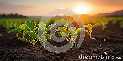 Row of Young Withania Plants Growing in a Field,Dicotyledonous Withania Plants in a Rural Landscape sunset Stock Photo