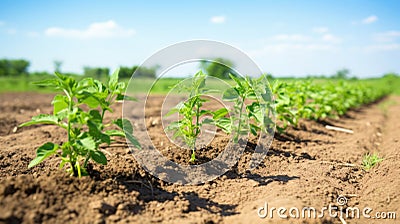 Row of Young Withania Plants Growing in a Field,Dicotyledonous Withania Plants in a Rural Landscape sunset Stock Photo