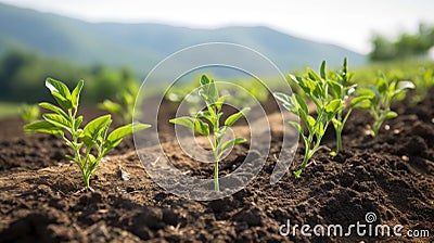 Row of Young Withania Plants Growing in a Field,Dicotyledonous Withania Plants in a Rural Landscape sunset Stock Photo