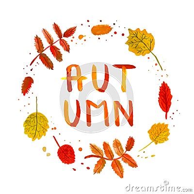 Rowan and birch leaves vintage watercolor hand drawn background and card with handwritten Autumn text vector Vector Illustration