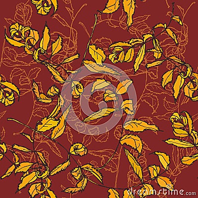 Rowan floral seamless pattern Leaves contours Orange on maroon burgundy background hand-drawn. Vector Vector Illustration