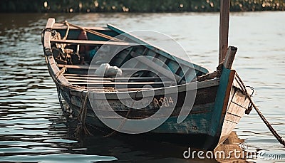 Rowboat fastened to jetty, tranquil fishing scene generated by AI Stock Photo