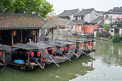 The rowboats in river in Xitang ancient town Editorial Stock Photo