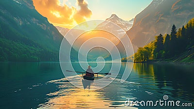 Rower in an idyllic lake in the alpine mountains during summer and autumn Stock Photo