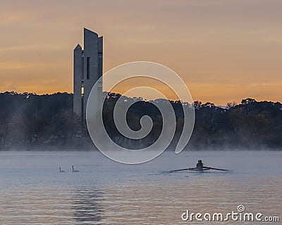 Rower on Lake Burley Griffin Editorial Stock Photo