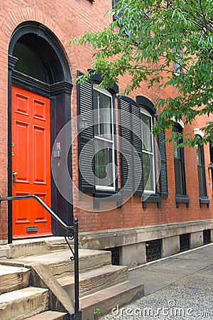 Rowhouse with Red Door Stock Photo