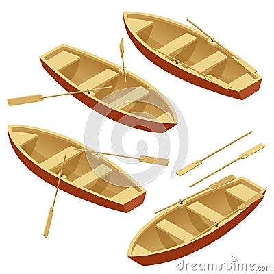 Rowing boat set. Wooden boat with paddles isolated over white. Flat 3d isometric vector illustration. Vector Illustration