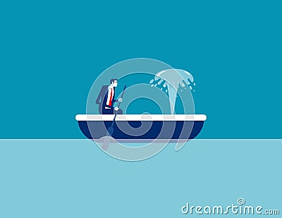 Rowing boat and watching the water squirting inside. Boat is sinking concept Vector Illustration