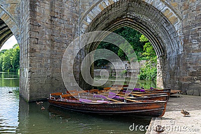 Rowing boats lined up on the Wear river in the city centre of Durham Editorial Stock Photo