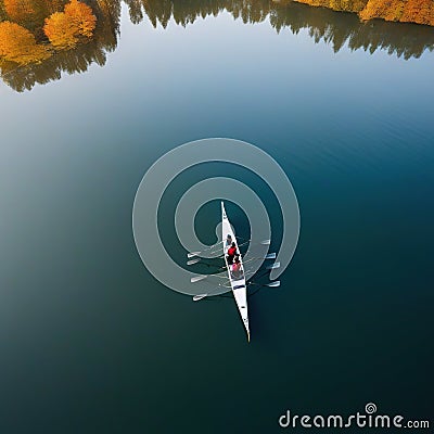 rowing on a calm lake in aerial view only small boat visible with serene water around vertical banner with copy space for Cartoon Illustration