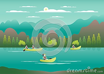 Rowing, sailing in boats as a sport or form of recreation vector flat illustration. Boating fun for all the family outdoors. Vector Illustration