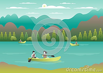 Rowing, sailing in boats as a sport or form of recreation vector flat illustration. Boating fun for all the family outdoors. Vector Illustration