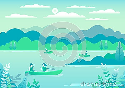 Rowing, sailing in boats as a sport or form of recreation vector flat illustration. Boating fun for all the family outdoors. Vector Illustration